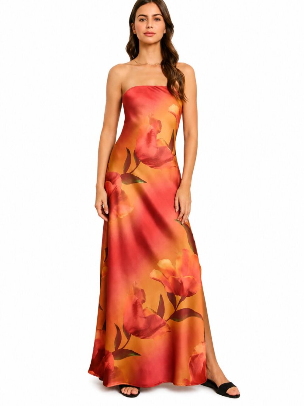Floral Strapless Bias Cut Maxi Dress